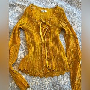 Vintage corset lace up crinkle sheer yellow long sleeve top